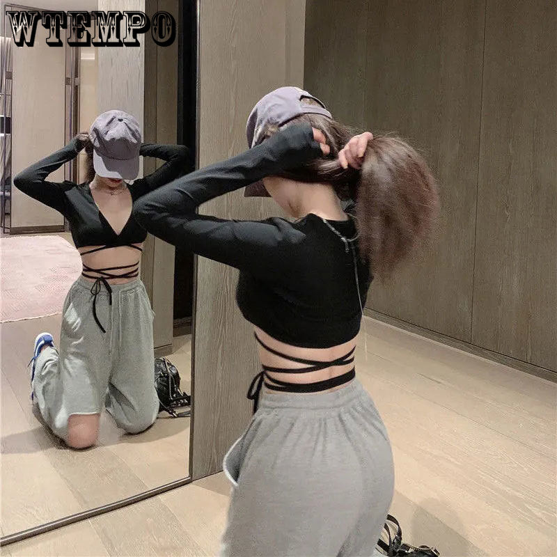 Women Crop Top Summer Long Sleeve Corset Y2k Tops Tank top Navel Tie Thin Black Shirt Ladies Boho Gothic Sexy Clothes