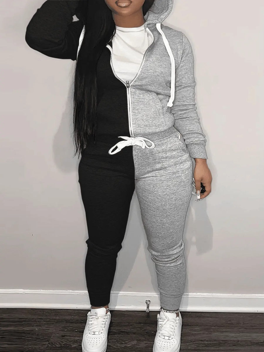 Sweatshirt Suits COTTON 2PC Sweat Heart Zipper Up Drawstring Tracksuit Set Hoodie Jackets+ Pants Matching Outfits