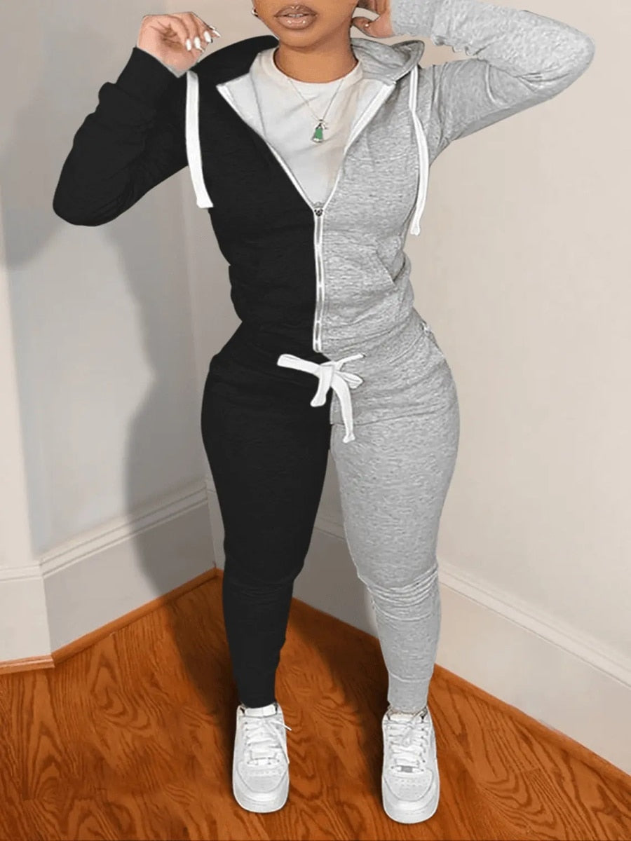Sweatshirt Suits COTTON 2PC Sweat Heart Zipper Up Drawstring Tracksuit Set Hoodie Jackets+ Pants Matching Outfits