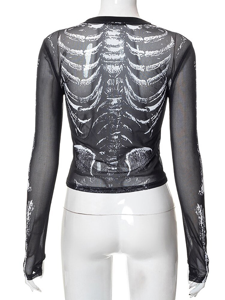 Goth Dark Skeleton Print Mesh Gothic Women T-shirts Grunge Aesthetic See Through Sexy Crop Tops Emo Black e-girl Alt Clothes