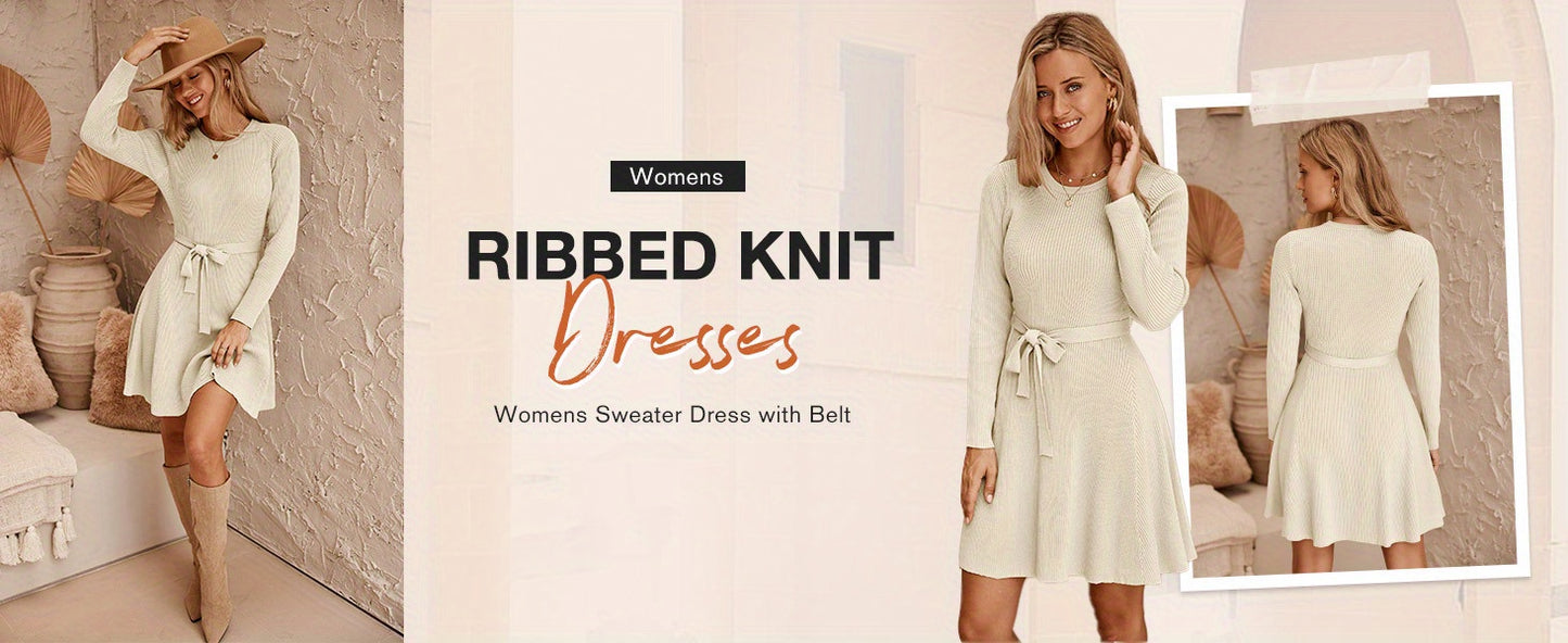 Elegant A-Line Sweater Dress with Belt - Long Sleeve, Crew Neck, Ribbed Knit for Women - Perfect for Fall/Winter