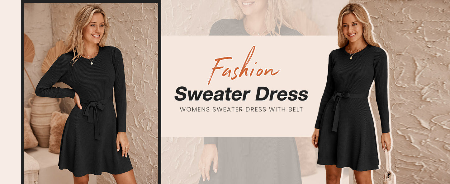 Elegant A-Line Sweater Dress with Belt - Long Sleeve, Crew Neck, Ribbed Knit for Women - Perfect for Fall/Winter