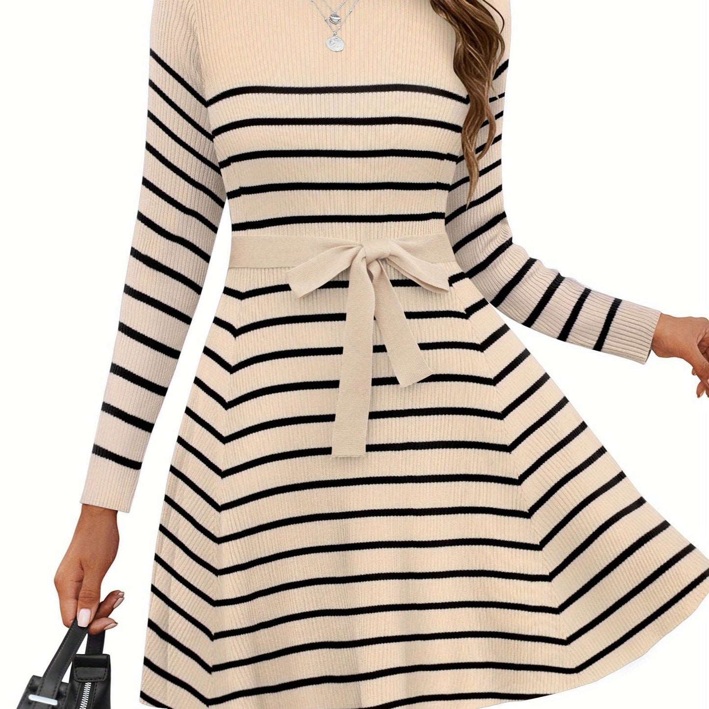 Elegant A-Line Sweater Dress with Belt - Long Sleeve, Crew Neck, Ribbed Knit for Women - Perfect for Fall/Winter