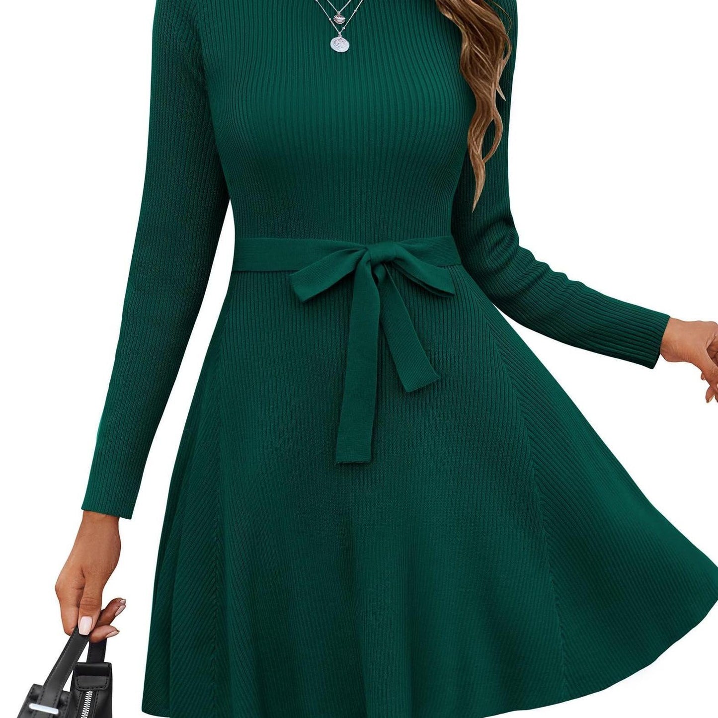 Elegant A-Line Sweater Dress with Belt - Long Sleeve, Crew Neck, Ribbed Knit for Women - Perfect for Fall/Winter