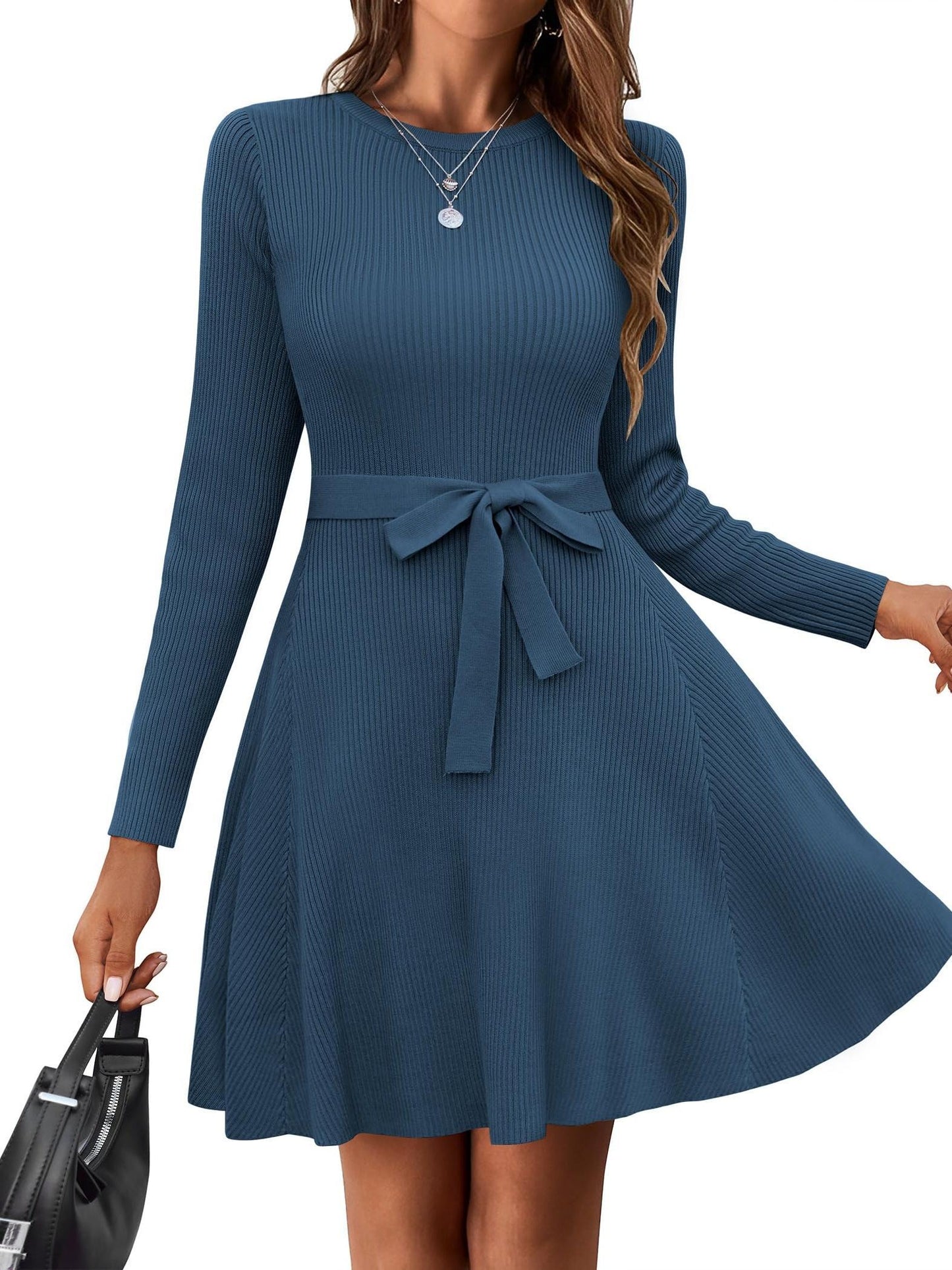Elegant A-Line Sweater Dress with Belt - Long Sleeve, Crew Neck, Ribbed Knit for Women - Perfect for Fall/Winter