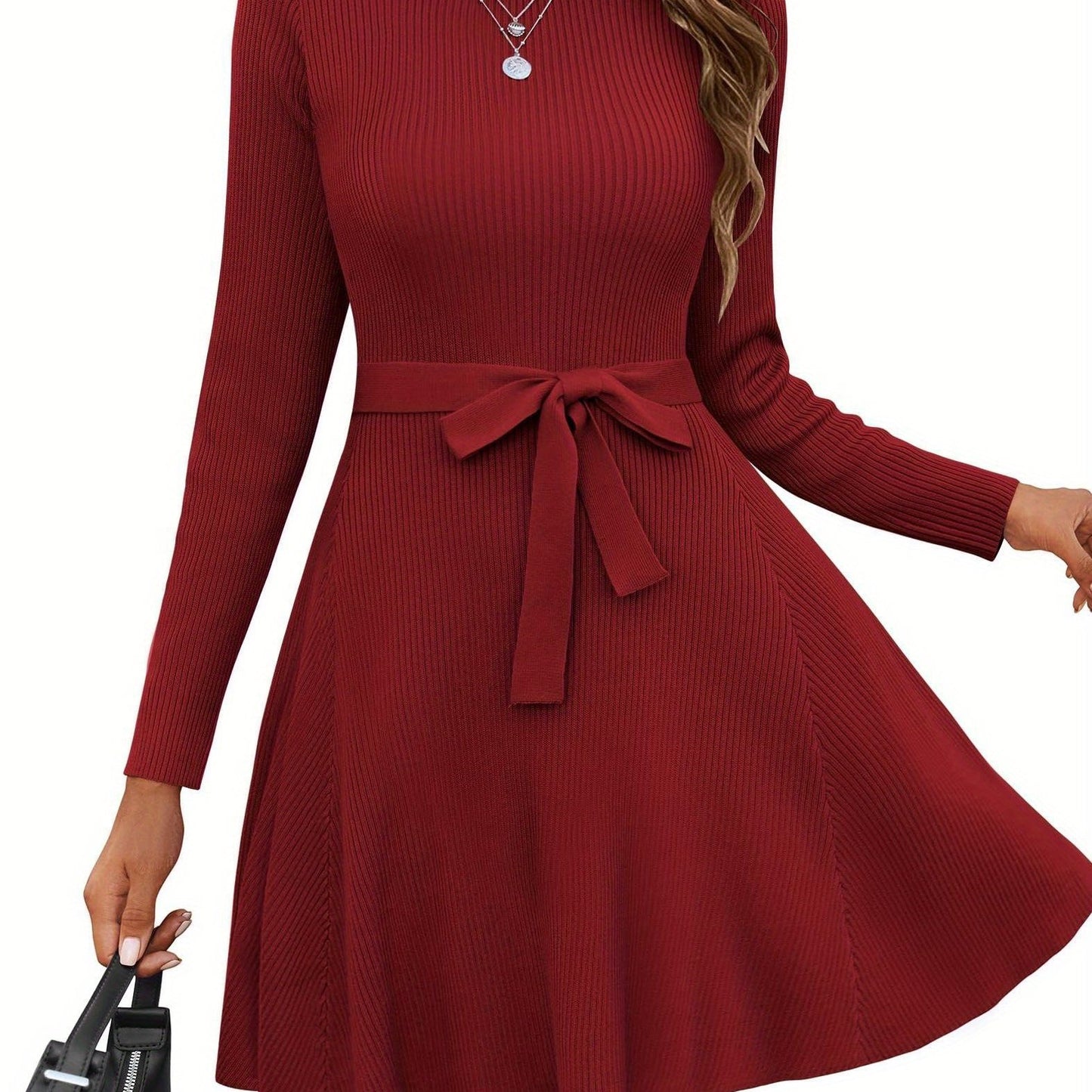Elegant A-Line Sweater Dress with Belt - Long Sleeve, Crew Neck, Ribbed Knit for Women - Perfect for Fall/Winter