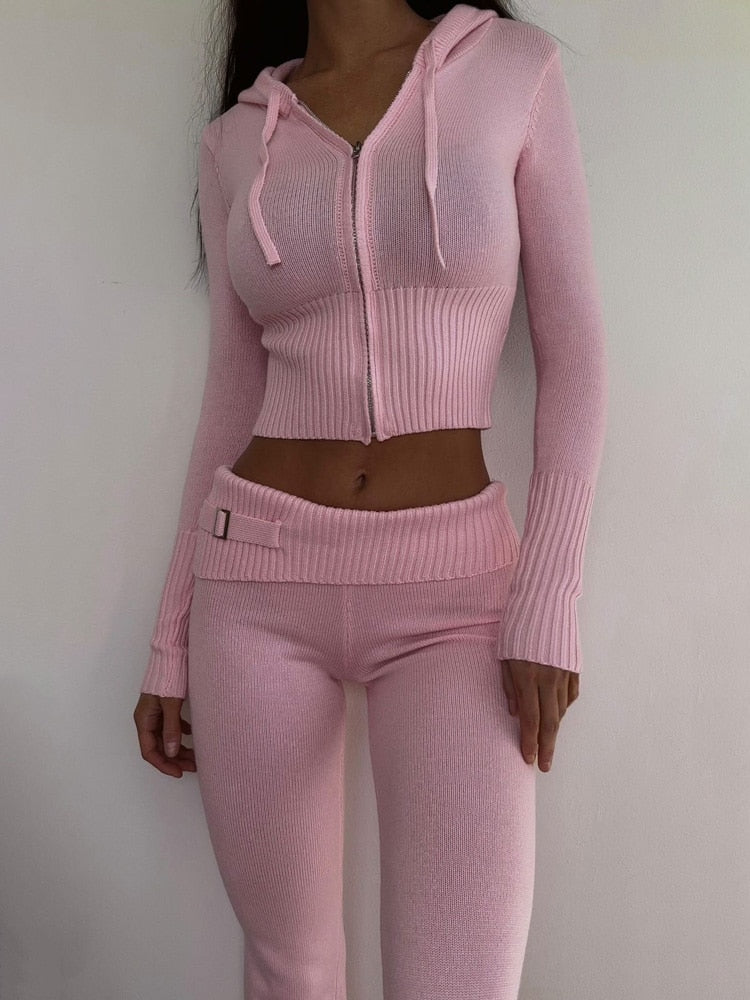 Women Outfits Casual Zipper Sweater Hoodie Set Flare Pants Suits Pink Knitted Womens Y2k Two Piece Set