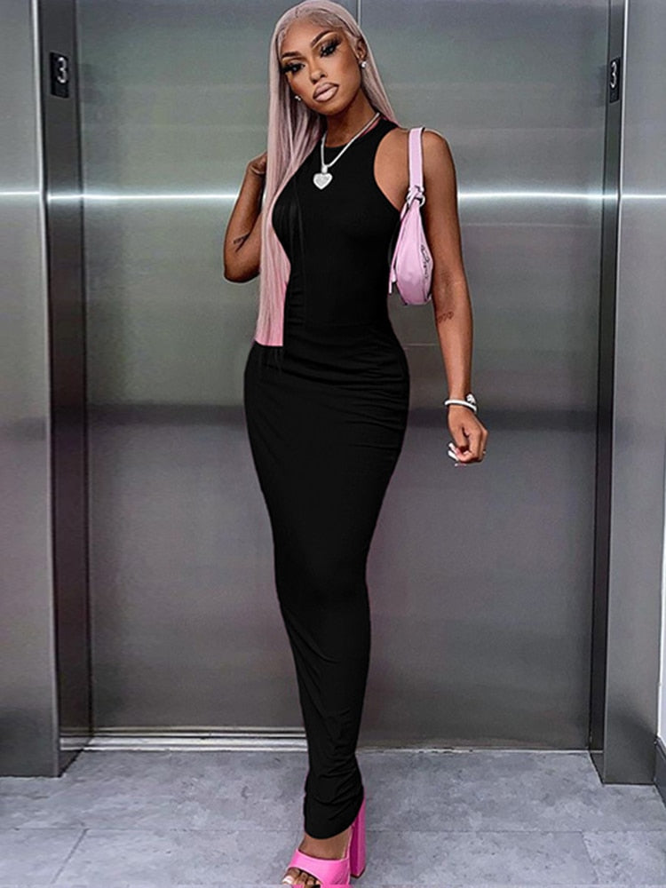 Hugcitar Ribbed Sexy Y2K Clothes Sleeveless Bodycon Maxi Dresses For Women