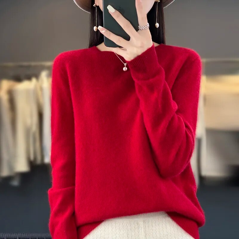 Autumn and winter new ladies 100% pure wool ready-to-wear O-neck warm classic solid color long-sleeved knit pullover