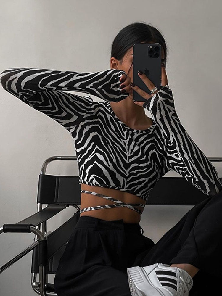 Sexy Backless Lace ups Pullover Tees Women Black O-neck Slim Long sleeve Short T-Shirt