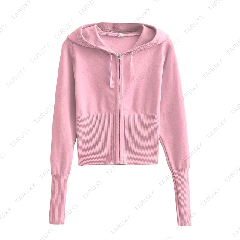 Women Outfits Casual Zipper Sweater Hoodie Set Flare Pants Suits Pink Knitted Womens Y2k Two Piece Set