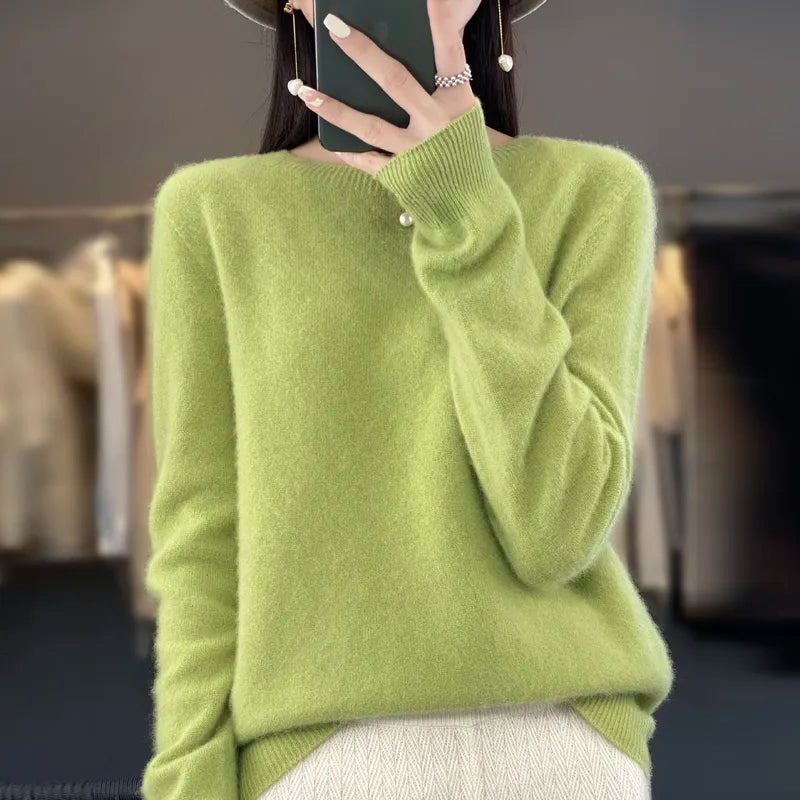 Autumn and winter new ladies 100% pure wool ready-to-wear O-neck warm classic solid color long-sleeved knit pullover