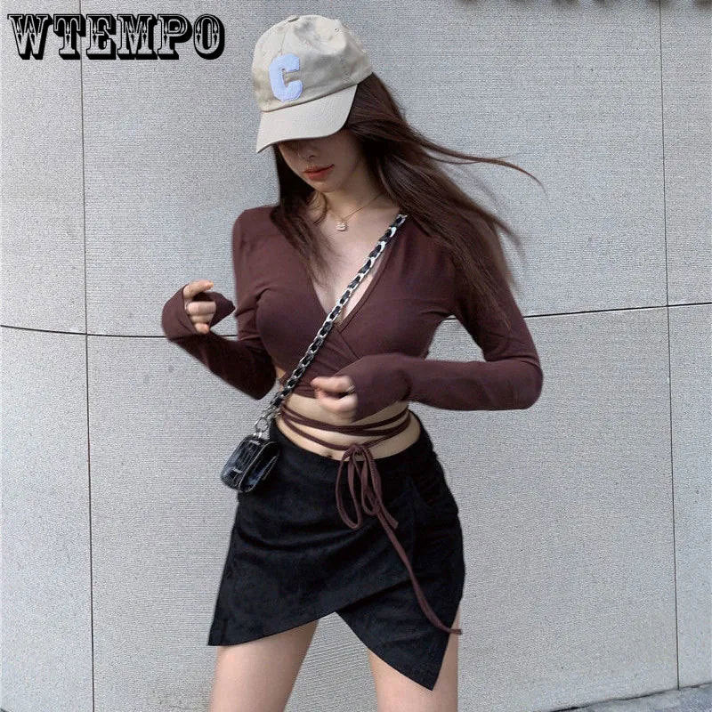 Women Crop Top Summer Long Sleeve Corset Y2k Tops Tank top Navel Tie Thin Black Shirt Ladies Boho Gothic Sexy Clothes