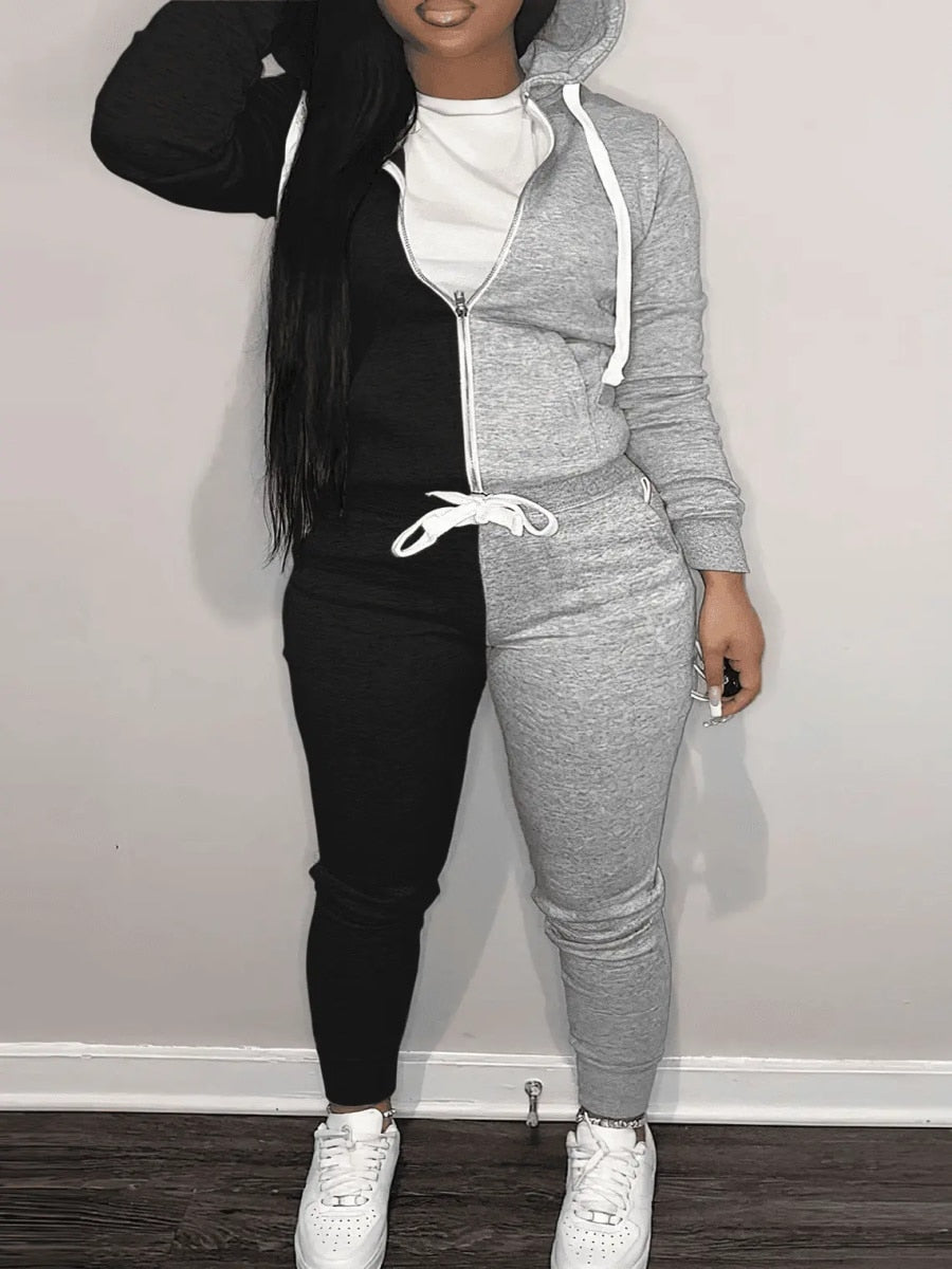 Sweatshirt Suits COTTON 2PC Sweat Heart Zipper Up Drawstring Tracksuit Set Hoodie Jackets+ Pants Matching Outfits