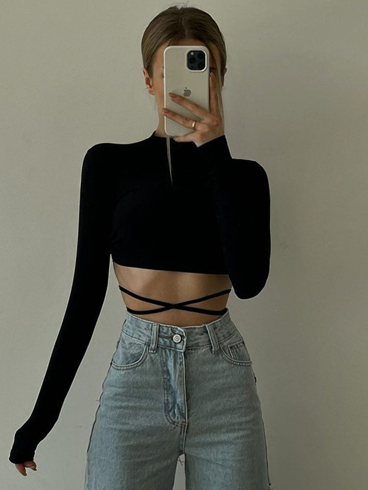 Sexy Backless Lace ups Pullover Tees Women Black O-neck Slim Long sleeve Short T-Shirt