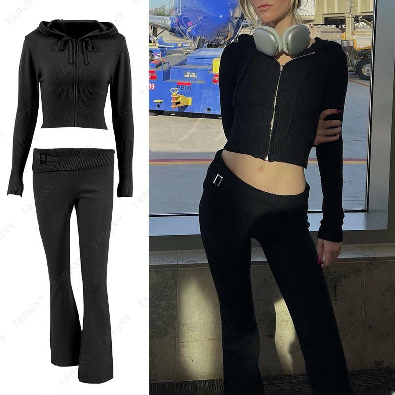 Women Outfits Casual Zipper Sweater Hoodie Set Flare Pants Suits Pink Knitted Womens Y2k Two Piece Set