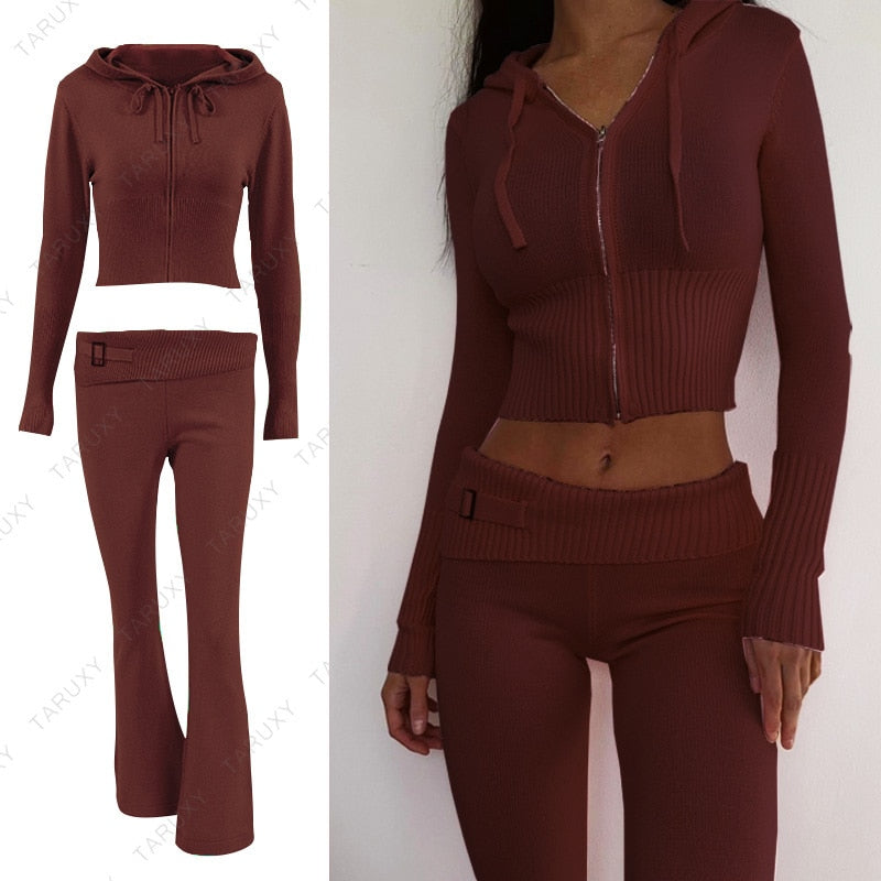 Women Outfits Casual Zipper Sweater Hoodie Set Flare Pants Suits Pink Knitted Womens Y2k Two Piece Set