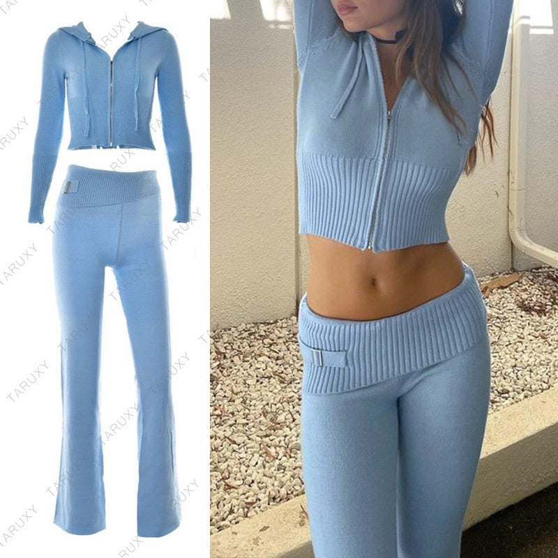 Women Outfits Casual Zipper Sweater Hoodie Set Flare Pants Suits Pink Knitted Womens Y2k Two Piece Set