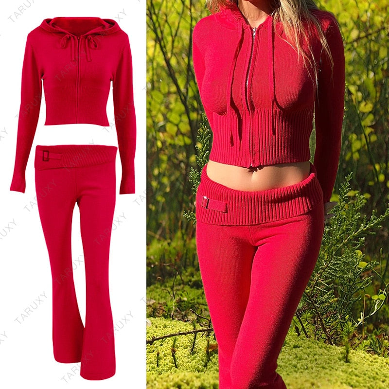 Women Outfits Casual Zipper Sweater Hoodie Set Flare Pants Suits Pink Knitted Womens Y2k Two Piece Set