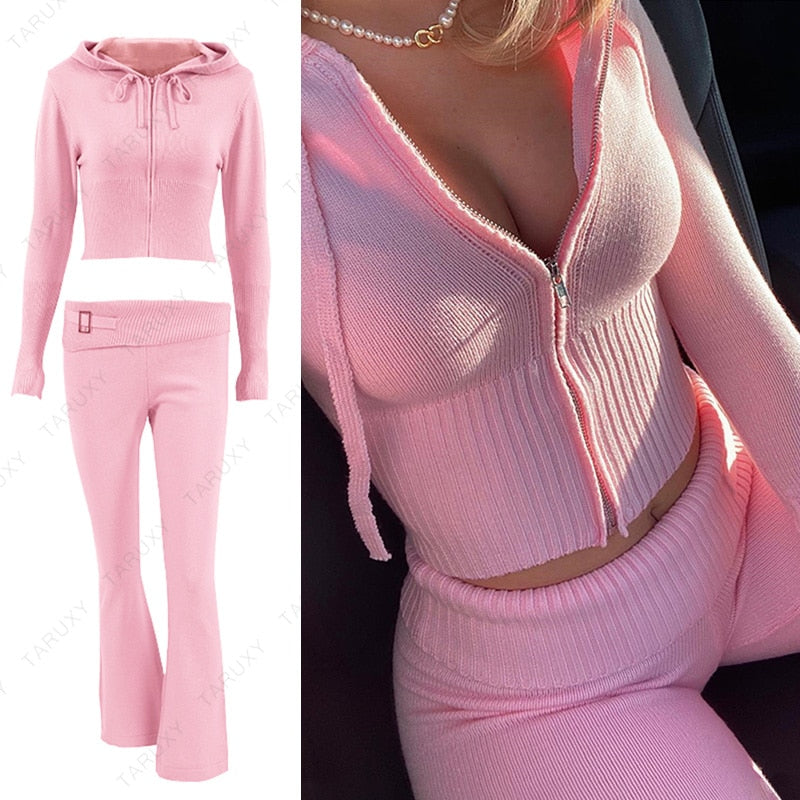 Women Outfits Casual Zipper Sweater Hoodie Set Flare Pants Suits Pink Knitted Womens Y2k Two Piece Set