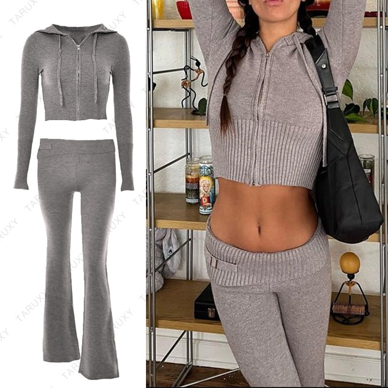 Women Outfits Casual Zipper Sweater Hoodie Set Flare Pants Suits Pink Knitted Womens Y2k Two Piece Set