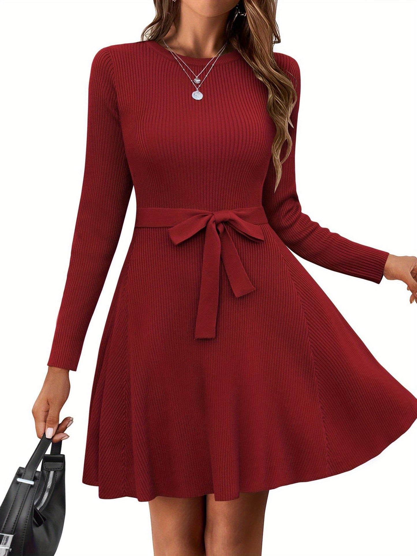 Elegant A-Line Sweater Dress with Belt - Long Sleeve, Crew Neck, Ribbed Knit for Women - Perfect for Fall/Winter