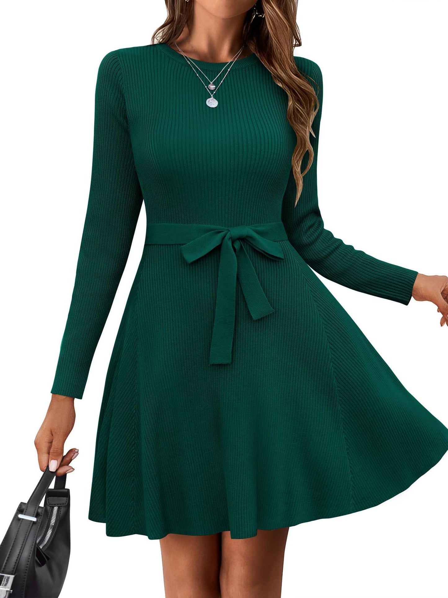 Elegant A-Line Sweater Dress with Belt - Long Sleeve, Crew Neck, Ribbed Knit for Women - Perfect for Fall/Winter